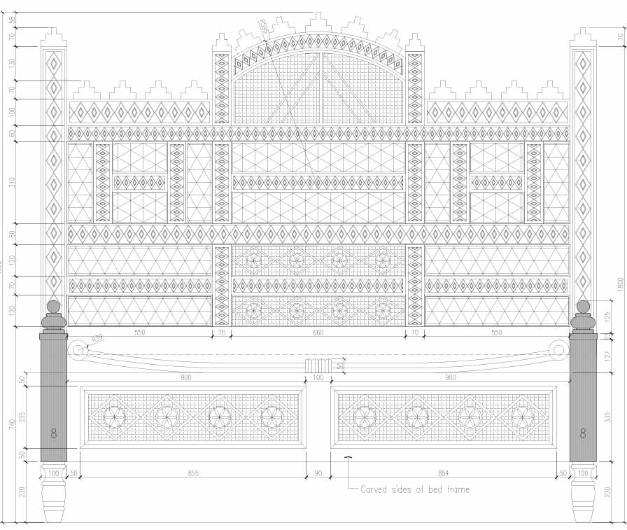 Joinery-work drawing by RTAE for the custom-designed and custom-made beds in all Guest Rooms of the Presidential Suites at the Al Ula Wadi Al Ashar Resort in Al Ula, Saudi Arabia designed by RTAE, Dubai