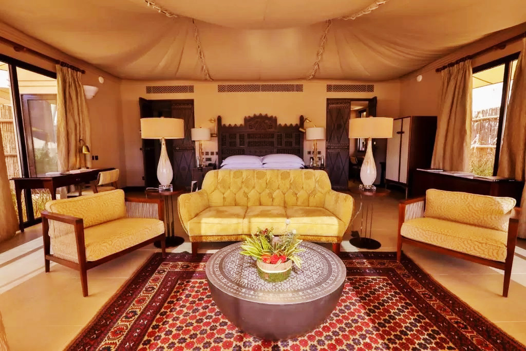 Interior design and fit out with custom-designed and custom-made furniture in all Guest Bedrooms of the Presidential Suites at the Al Ula Wadi Al Ashar Resort in Al Ula, Saudi Arabia designed by RTAE, Dubai