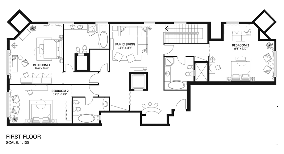 First Floor Plan and Furniture Layout for the interior design of the Duplex Penthouse by RTAE, Dubai