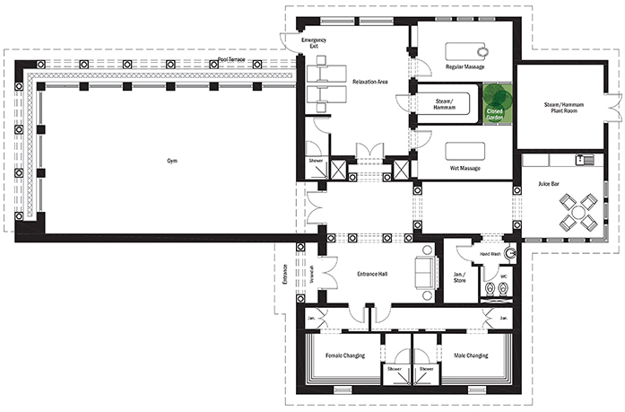 Floor plan of the private spa and gym for a family on Nouakchott, capital of Mauritania by RTAE, Dubai