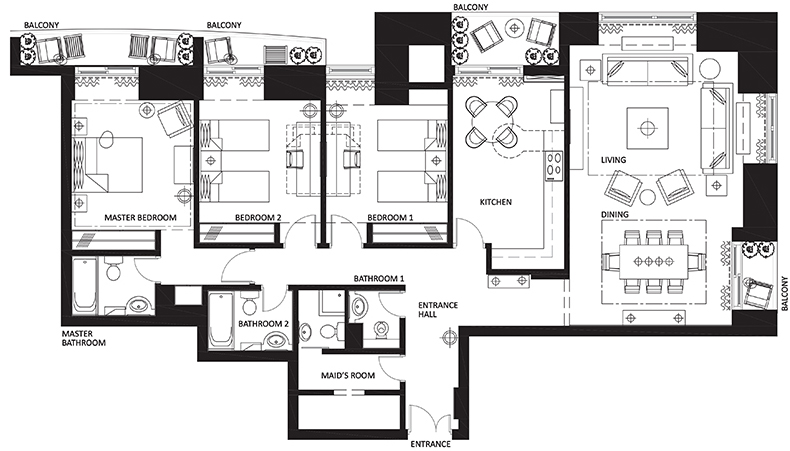 Furnishing Plan for the interior design of Apartment 1,2 & 3 in the Princess Tower, Dubai Marina by RTAE, Dubai