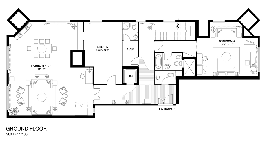 Ground Floor Plan and Furniture Layout for the interior design of the Duplex Penthouse by RTAE, Dubai