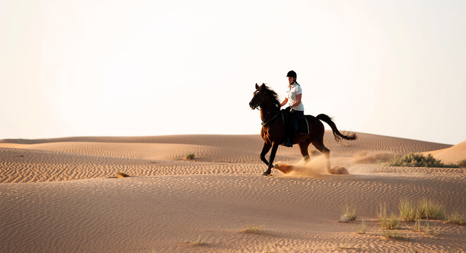 Horse riding across the desert dunes at the Al Maha Resort & Spa designed by RTAE, Dubai