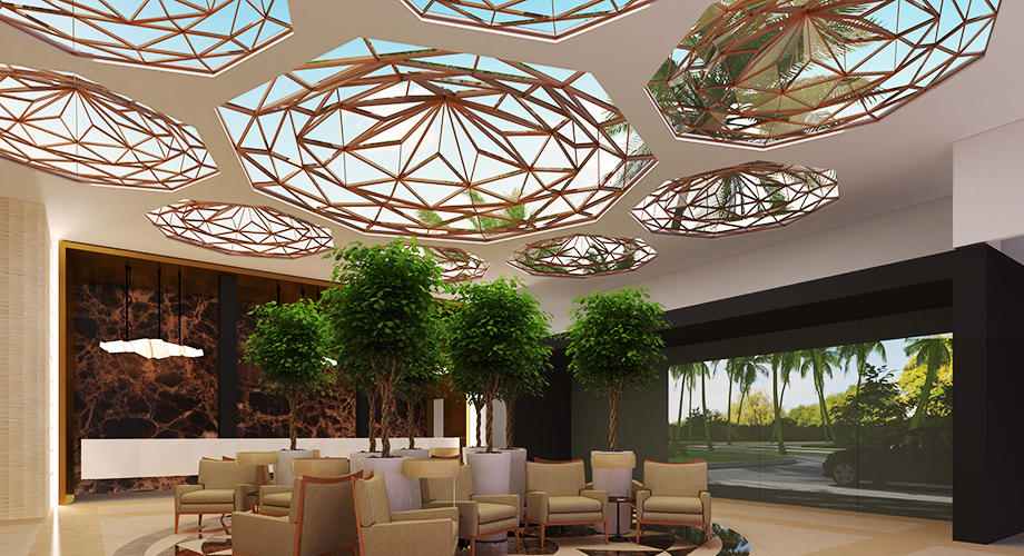 Hotel Lobby and Guest Check-in area with skylights inspired by local handicrafts and patterns at the Pole Pole Kenya Resort & Spa in Mombasa, Kenya designed by RTAE, Dubai