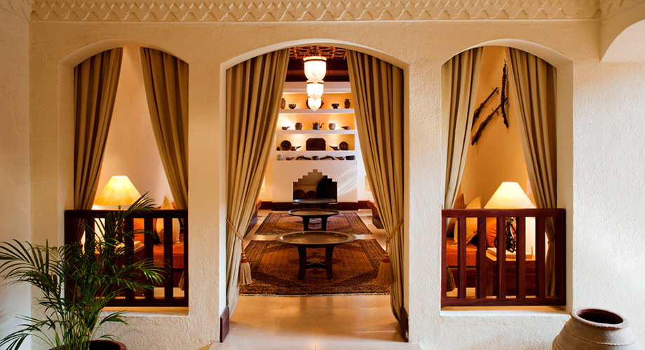 View of the Female Majlis where the colours are textures of the interiors are soft and more feminine at the Al Maha Desert Resort & Spa designed by RTAE, Dubai