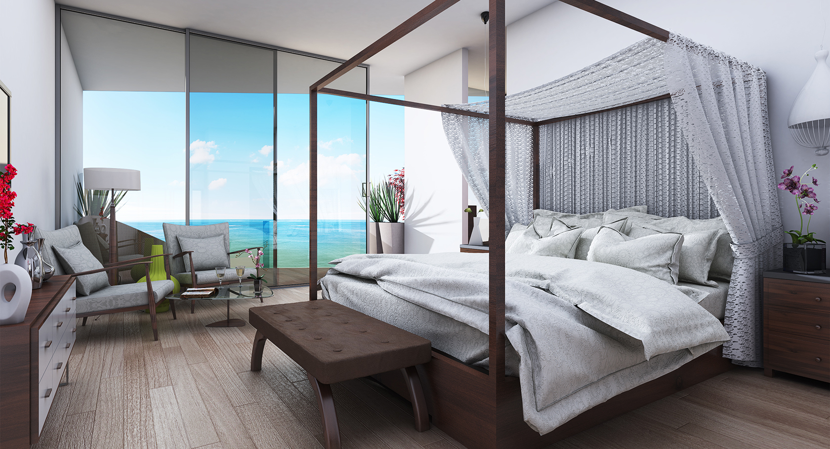 Guest bedroom interior design with a four poster bed and breathtaking views across the Indian Ocean at the Pole Pole Kenya Resort & Spa in Mombasa, Kenya designed by RTAE, Dubai