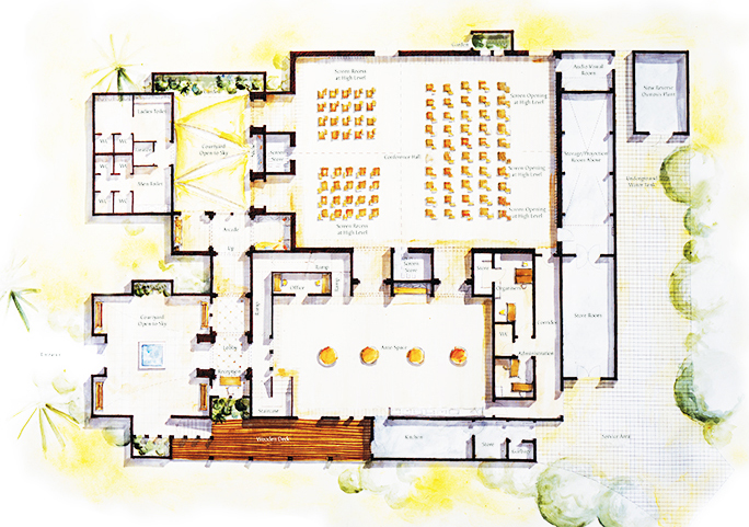 water colour floor plan of the Al Majlis Conference Centre at the Al Maha Desert Resort designed by RTAE, Dubai