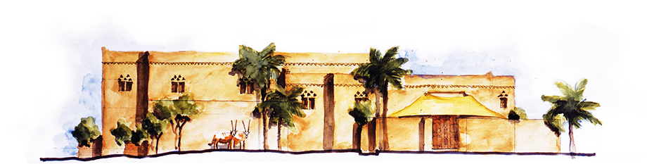 water colour painted elevation of the Al Majlis Conference Centre at the Al Maha Desert Resort designed by RTAE, Dubai