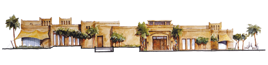 Watercolour elevation by Rashid Taqui of the Timeless Spa at the Al Maha Desert Resort & Spa designed by RTAE, Dubai.