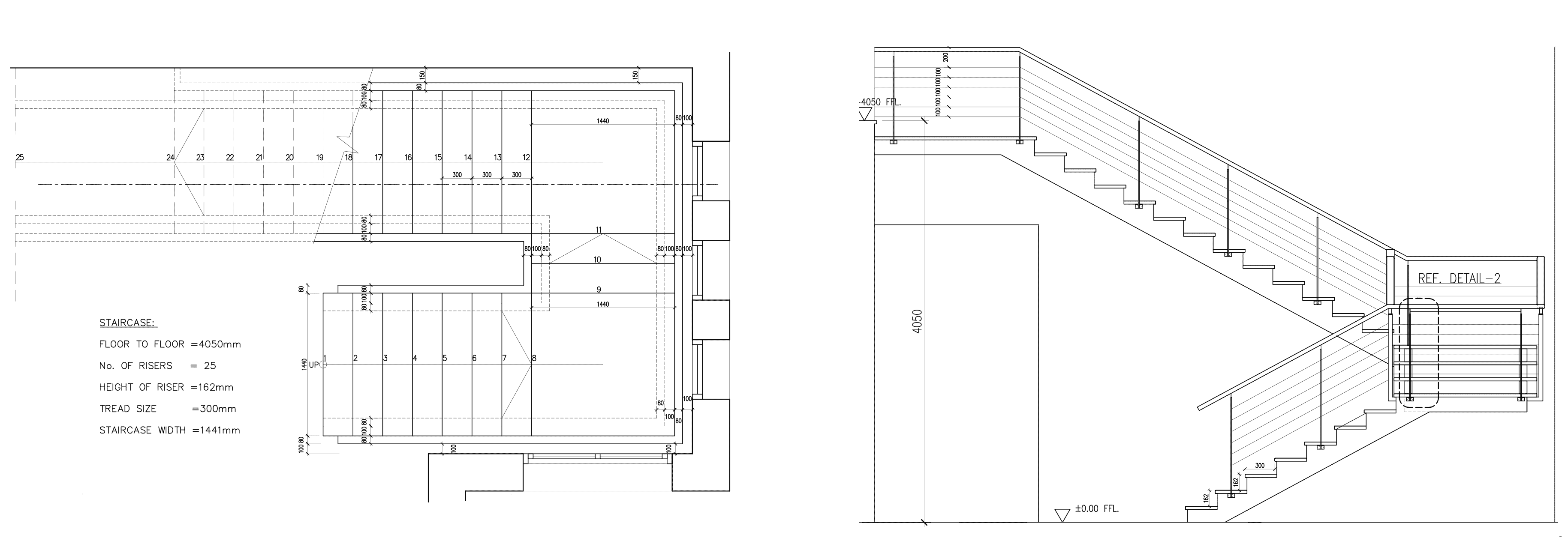 Construction drawing of the bespoke contemporary staircase in the Samina Ahmed Villa in Emirates Hills by RTAE