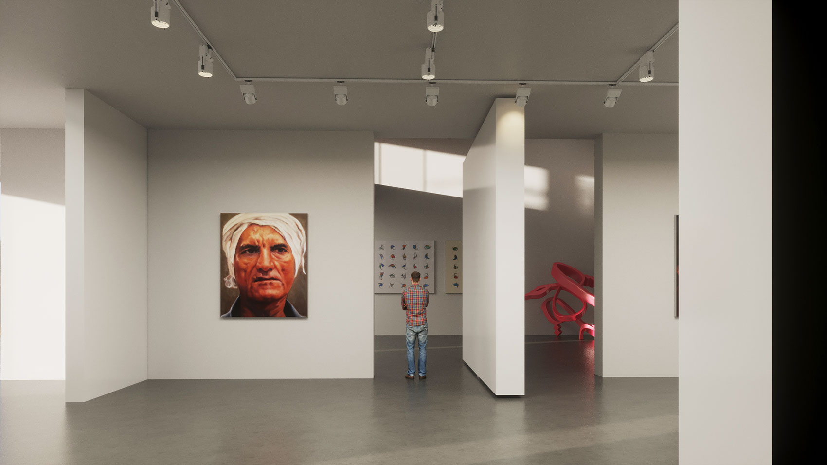 Interior design of the galleries shows the revolving walls to connect the galleries together for larger exhibitions in the new Tashkeel Art Gallery designed by RTAE, Dubai