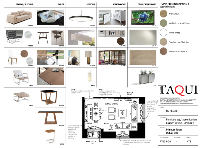 Living/ Dining Room interior design of Apartment 2 in the Princess Tower, Dubai Marina by RTAE, Dubai